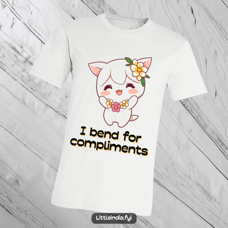 Funny T-Shirt: A cheerful character adorned with a flower garland executes a charming, playful bow, embodying joy and lightheartedness. Great funny gift.