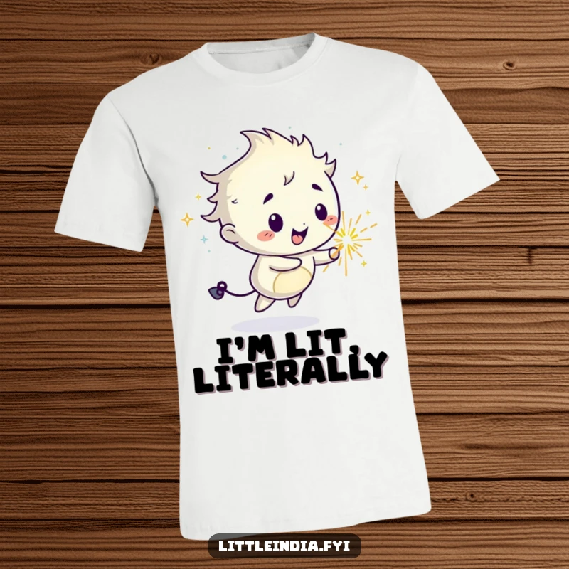 Funny t-shirt with a mischievous sparkler character creating a vibrant, joyful trail, celebrating good times.