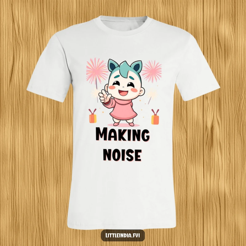Funny T-Shirt: A smiling character in a powerful dynamic pose, with festive firecrackers bursting behind them.