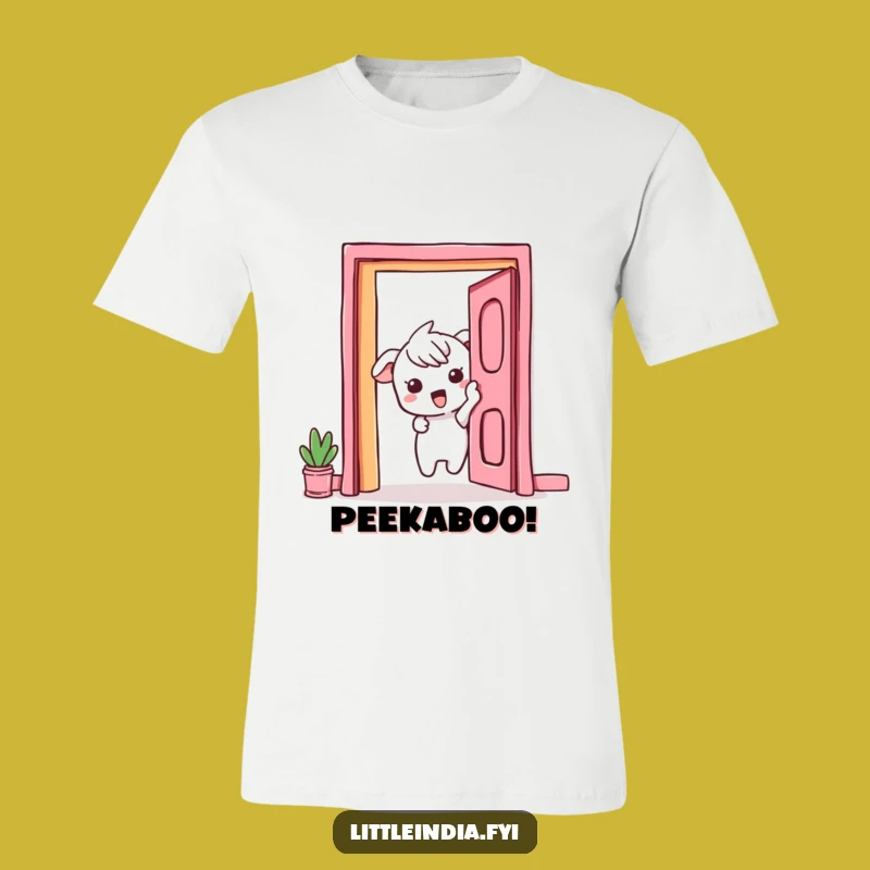 Funny Curious Peek T-Shirt: Exciting Character's Vibrant Doorway Tee