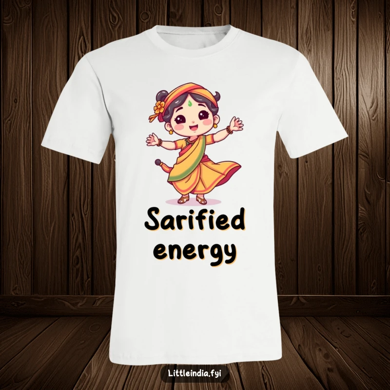 Funny t-shirt showcasing a joyful character in a colorful sari, dancing with a big, happy smile.