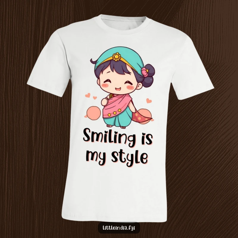 Funny T-Shirt showcasing a cute character in a tiny sari, happily exchanging smiles, celebrating cultural charm, a great funny gift.