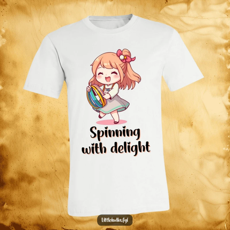 Funny t-shirt featuring a character joyfully twirling with a stack of colorful bangles, full of playful energy.
