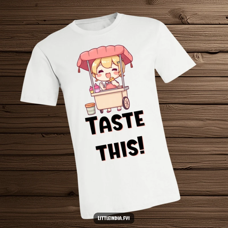 Funny t-shirt depicting a delighted street vendor character offering a tasty treat, radiating warmth and a feeling of unadulterated, happy generosity.