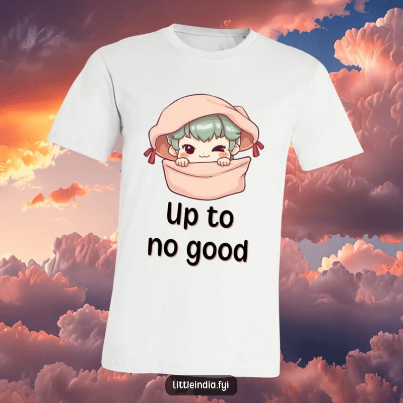 Funny T-Shirt with a mischievous character peeking from a colorful market stall, showcasing playful sneakiness.