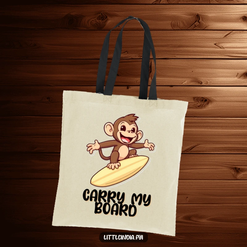 Funny tote bag featuring a mischievous monkey riding a giant roti like a surfboard, a humorous and practical accessory.