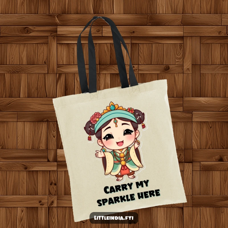 Funny Cultural Tote Bag: Happy character wearing traditional jewelry, striking a graceful pose, perfect for stylish carrying.