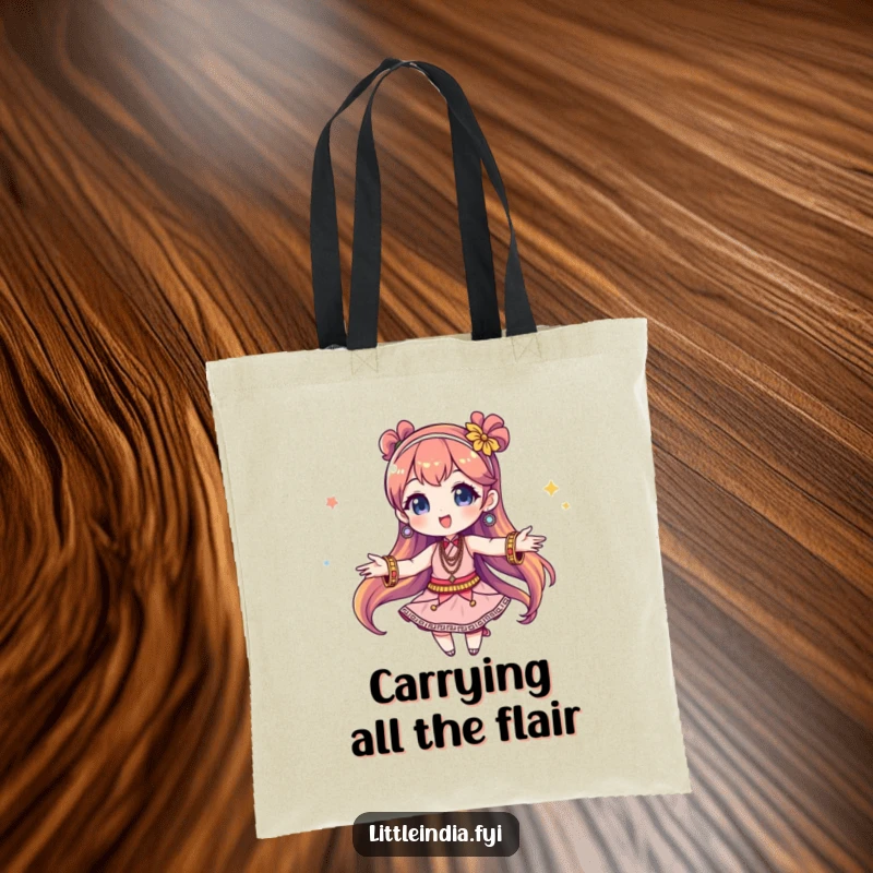 Funny Tote Bag: A stylized character twirls joyfully, surrounded by an explosion of colorful bangles, indicating an upbeat and energetic vibe.