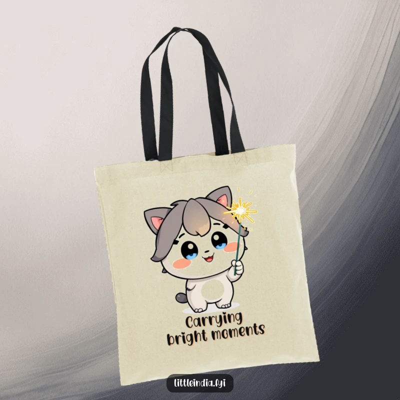 Funny Tote Bag: A happy character with sparkling eyes holds a playful sparkler, ready for any exciting adventure.
