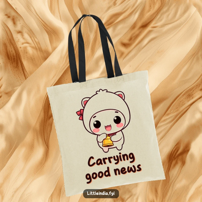 Funny tote bag with a happy character ringing a small bell, perfect for stylish and humorous carrying.