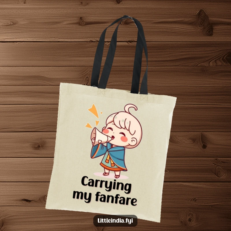 Funny Tote Bag: A character actively blows a conch shell, letting out a loud cheer, perfect for carrying your essentials with a smile.