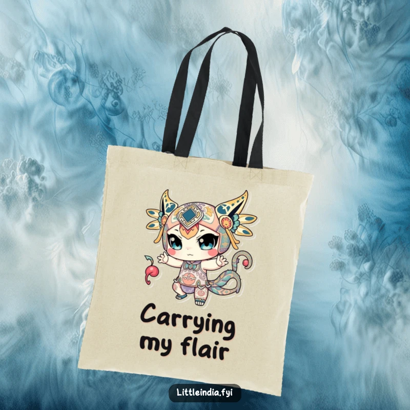 Funny tote bag featuring a character in a powerful, dynamic stance, detailed with exquisite and intricate patterns.