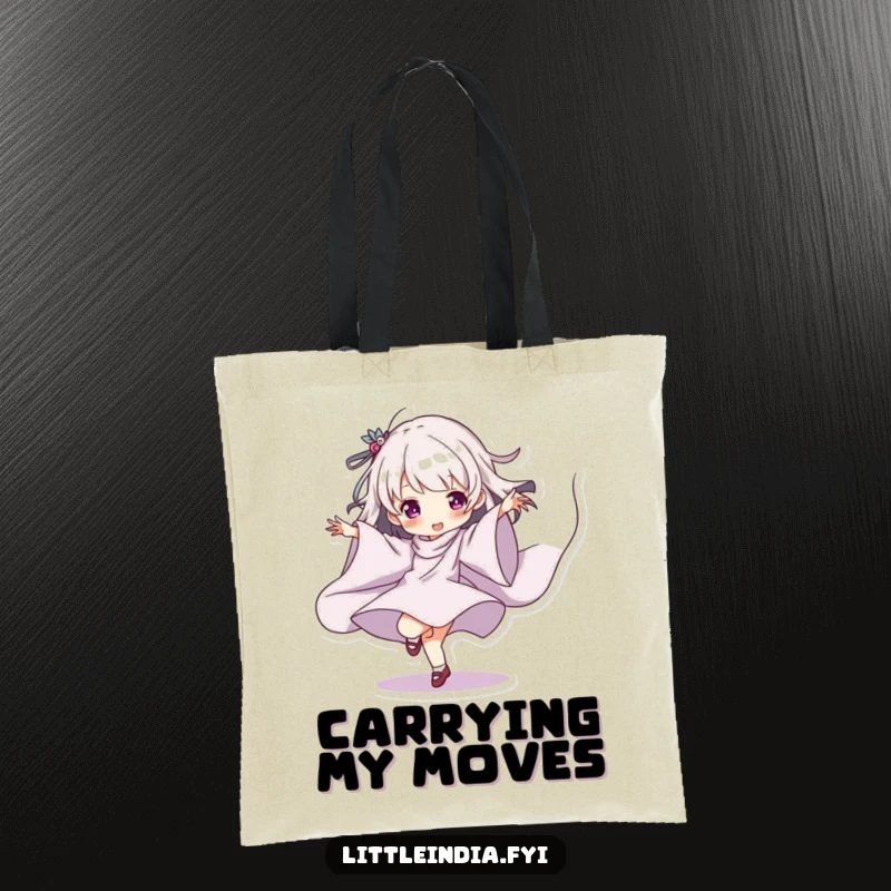 Funny Tote Bag with a character playfully dancing with flowing fabric, perfect for carrying artistic humor.