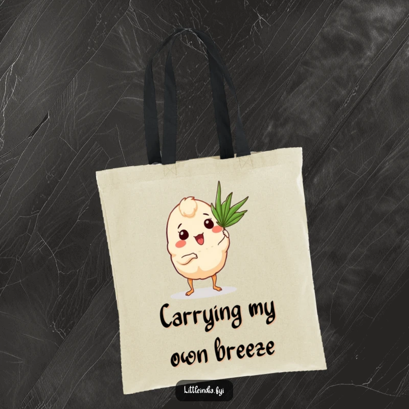 Funny Curry Puff Tote Bag with a curry puff and tiny legs fanning itself with a palm frond.
