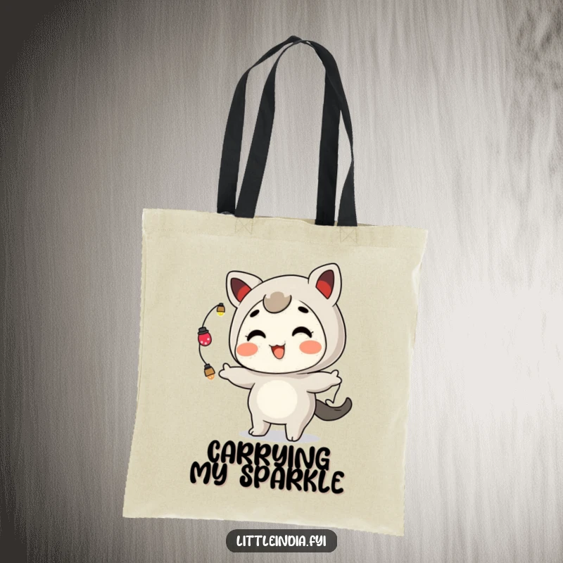 Funny Tote Bag: A playful character grins widely while juggling small, twinkling ornamental lights, ready for festive outings.