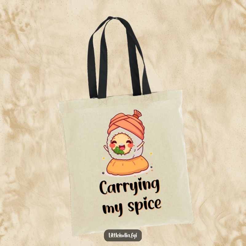 Happy sushi roll wearing a tiny turban, joyfully riding a spice mound, shown on a tote bag.