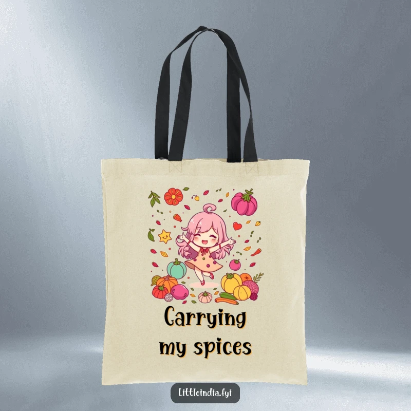 Funny Tote Bag: Delighted character joyfully dancing among a colorful assortment of spices, perfect for stylish carrying.