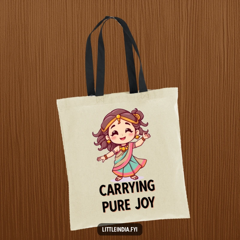 Funny tote bag with a smiling character in a colorful sari, dancing joyfully, perfect for carrying happiness.