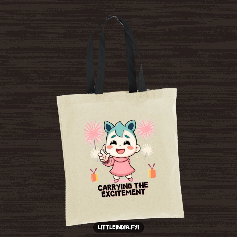 Funny Tote Bag: A smiling character in a dynamic pose is surrounded by colorful, festive firecrackers.