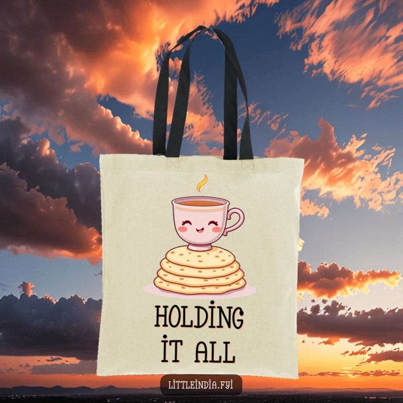 Funny tote bag showcasing a cheerful chai cup balancing on a stack of chapati, ready for errands.
