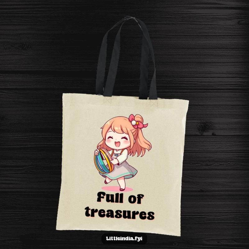 Funny tote bag featuring a happy character twirling with a stack of colorful bangles, perfect for carrying joy.