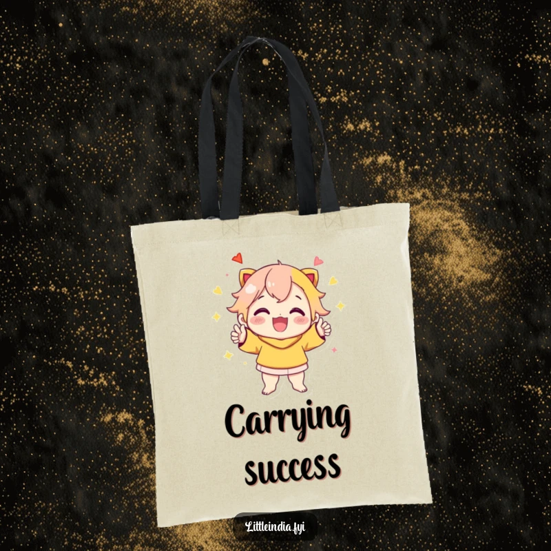Funny Tote Bag: Cheerful character striking a dynamic, celebratory pose, perfect for carrying essentials with vibrant energy.