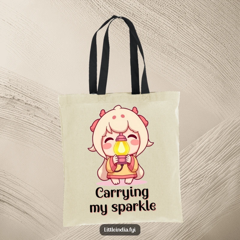 Funny Tote Bag illustrating a delighted character holding a small, brightly colored lamp, perfect for carrying essentials with a radiant and cheerful touch.