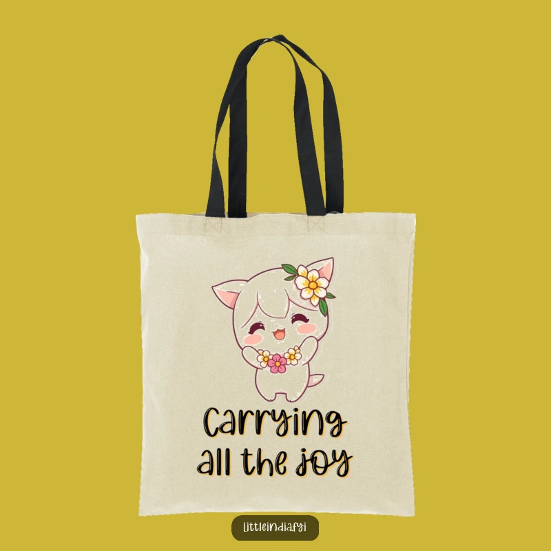 Funny Flower Garland Bow Tote Bag: Cheerful Character's Playful Design - Eco-Friendly Fun