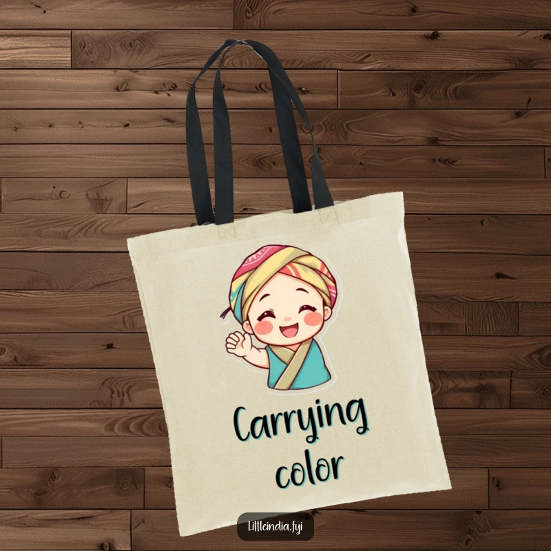 Funny tote bag with a smiling character wearing a colorful fabric headwrap, waving joyfully, perfect for carrying items with cheerful flair.