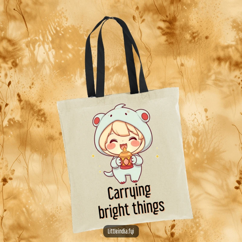 Funny Tote Bag showcasing a joyous character holding a small decorative lamp with a warm glow, practical and cheerful, a unique funny gift.