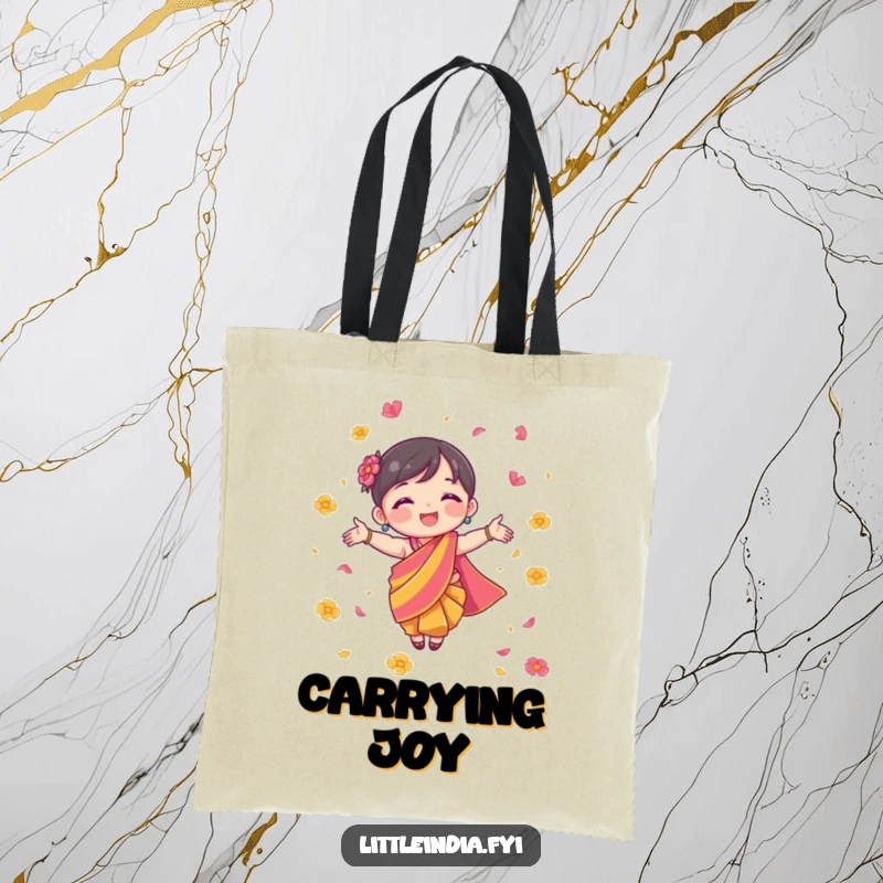 Funny Tote Bag with a character in a colorful sari joyfully scattering flower petals, perfect for shopping.
