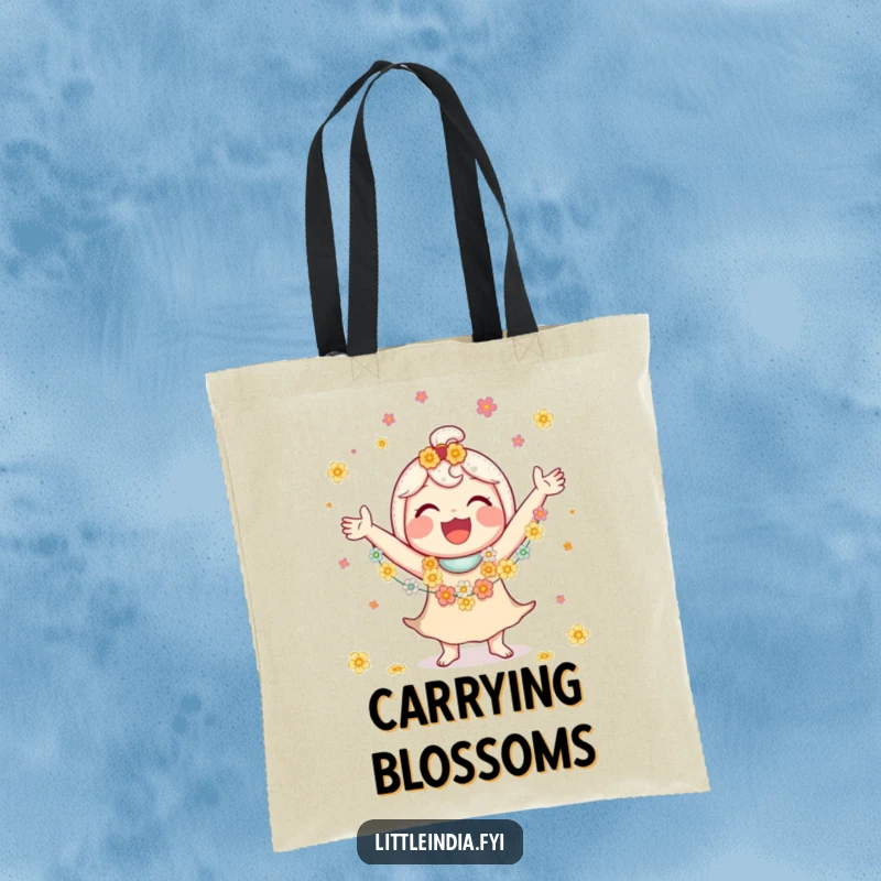 Funny tote bag with a jubilant character juggling small flower garlands, beaming with a huge smile.