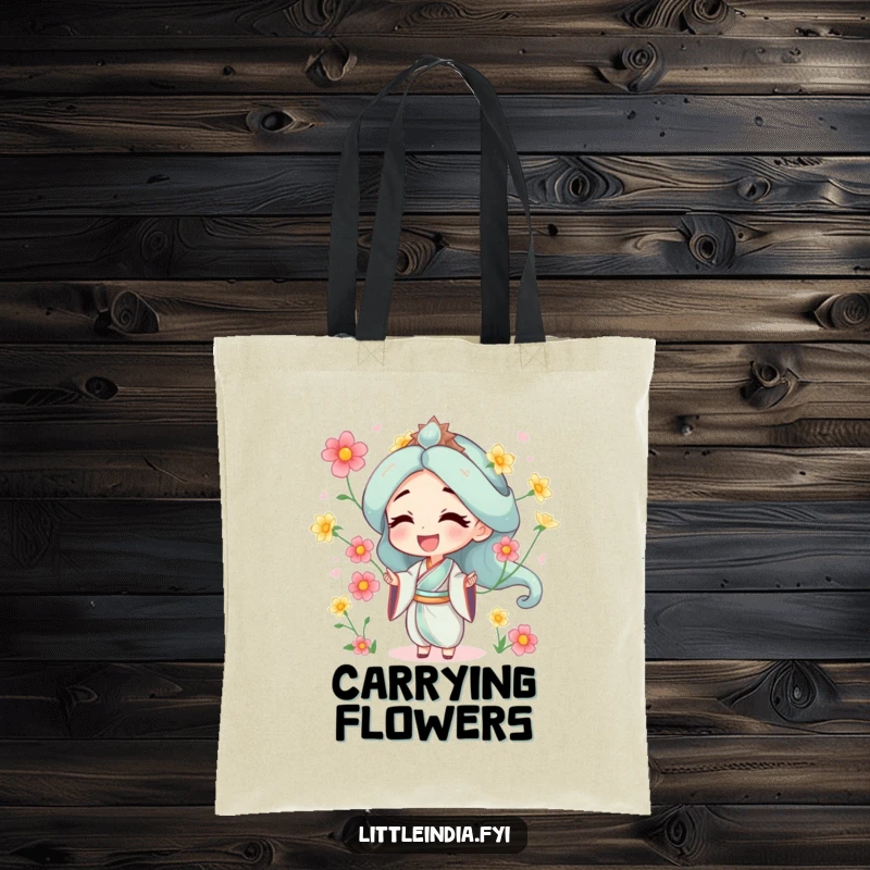 Funny tote bag showcasing a character cheerfully juggling jasmine flowers, perfect for carrying items with flair.