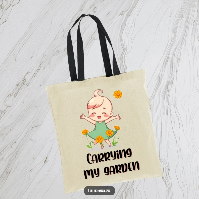 Funny Tote Bag: A happy character energetically dancing among small, colorful marigold flowers, perfect for carrying joy.