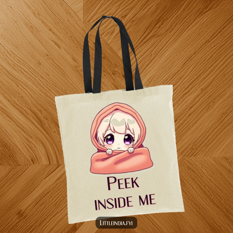 Funny tote bag featuring a delighted character peeking from behind a vibrant textile, perfect for carrying items with a touch of playful mystery.