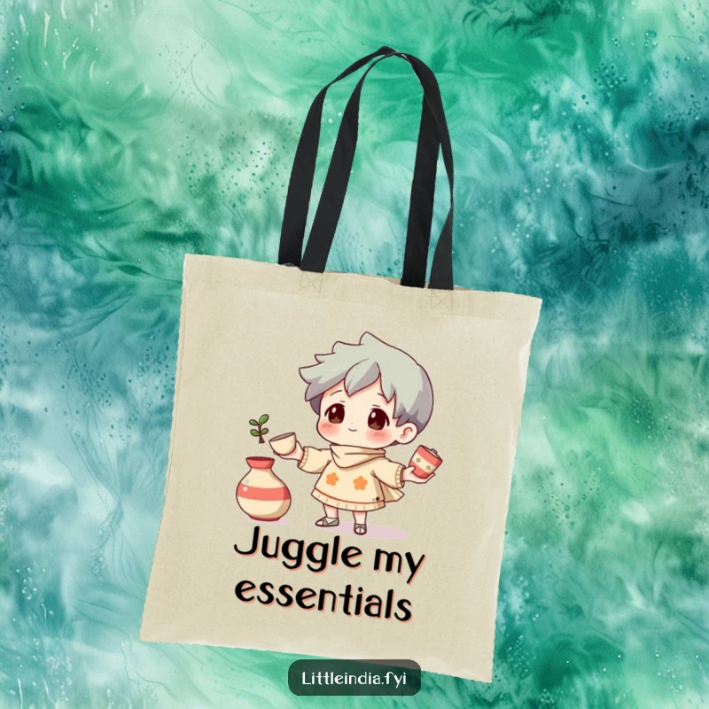 Funny Tote Bag: A curious character juggling small, decorative pottery pieces, perfect for carrying art supplies or daily essentials.