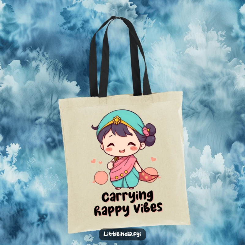 Funny Tote Bag showcasing a cute character in a tiny sari happily exchanging smiles, stylish and functional, a unique funny gift.