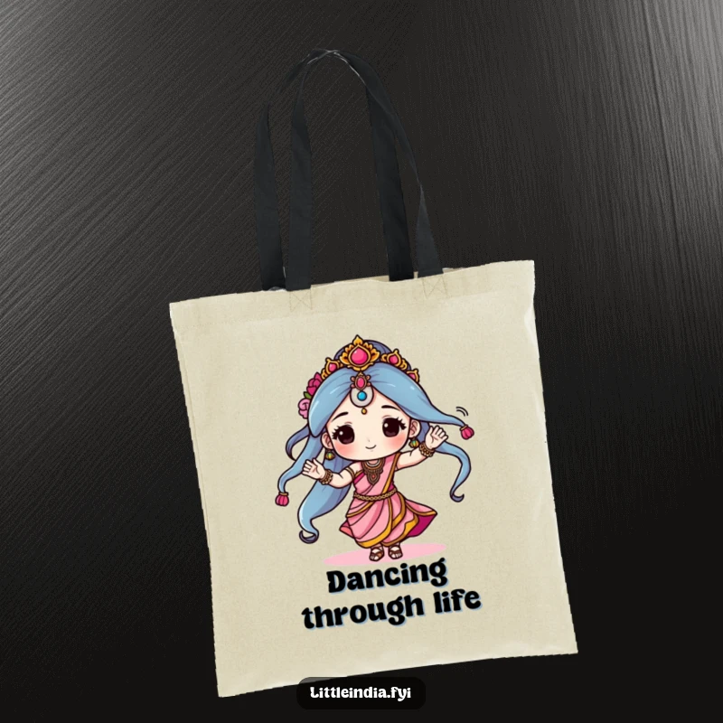 Funny tote bag depicting a character gracefully dancing in a sari, exuding charm and festive energy, a humorous and practical accessory.