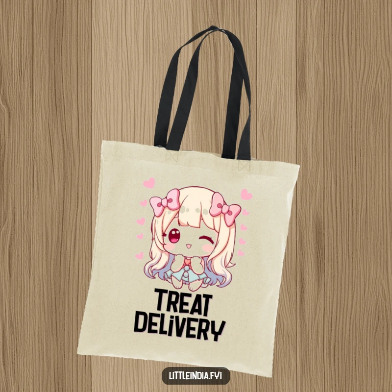 Funny tote bag showcasing a character offering sweets with a polite bow, ideal for sharing and carrying treats.