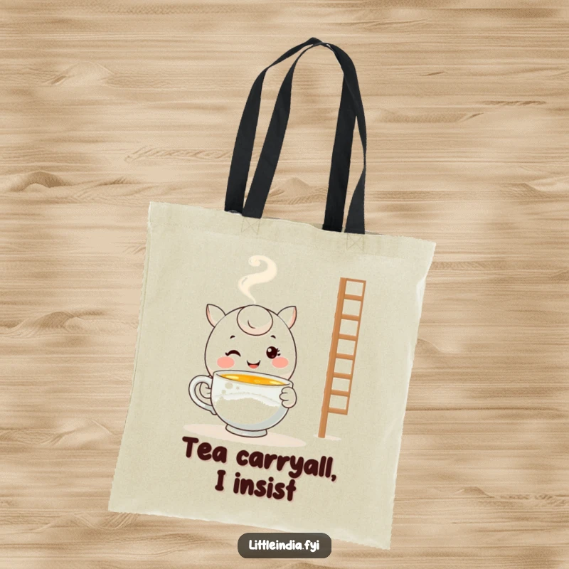 Funny Tea Lover Tote Bag: Smiling character offers a cup of tea, making it a stylish and humorous accessory.