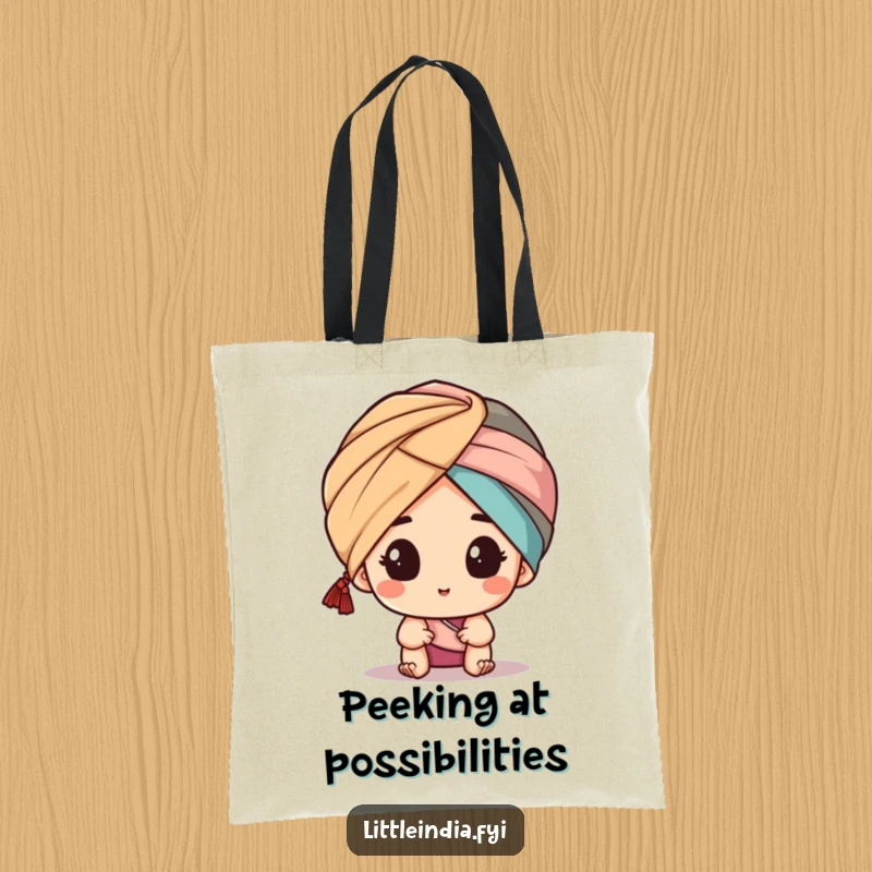 Funny tote bag with a character peeking from a turban, perfect for carrying essentials with a humorous and slightly mysterious vibe, a stylish accessory.