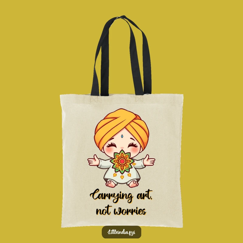 Funny Turban Rangoli Tote Bag - Cute Character Offering Art Carryall Gift