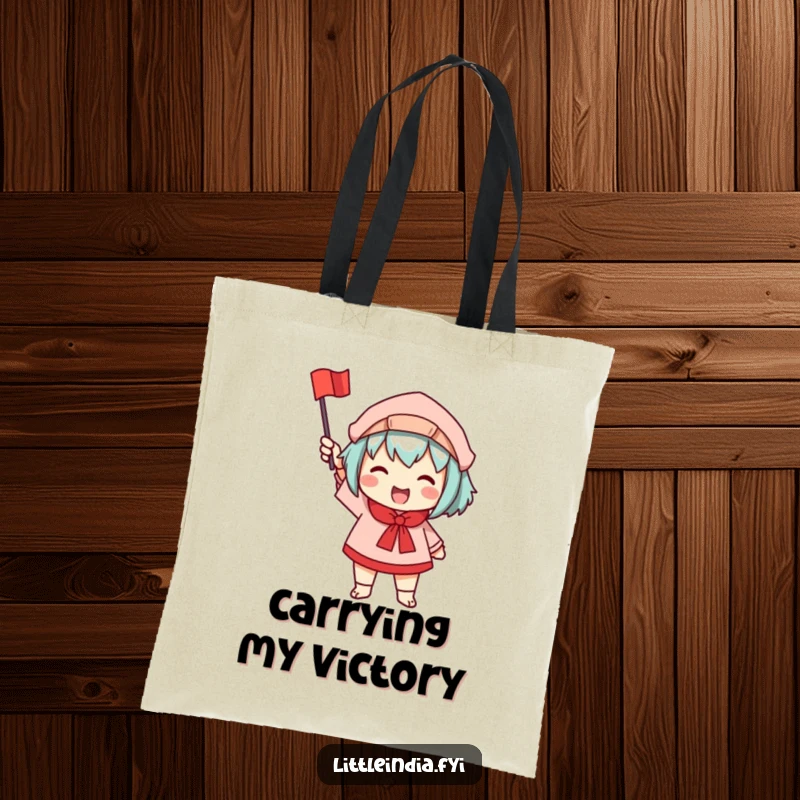 Funny tote bag showcasing a character enthusiastically waving a small, colorful flag, perfect for carrying essentials with cheer.