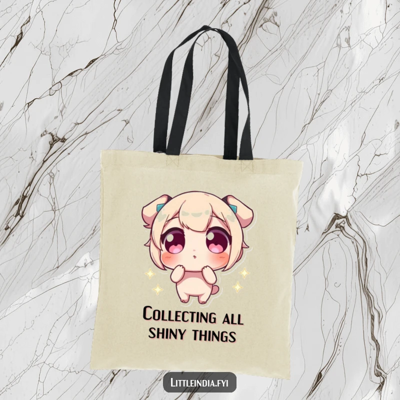 Funny Tote Bag featuring a character with wide eyes amazed by bright, sparkling lights, ideal for carrying humor.