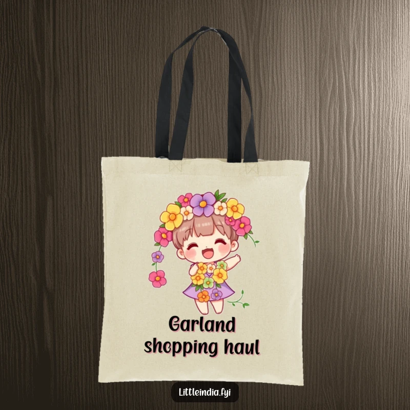 Funny tote bag featuring a character adorned with a lush flower garland, happily swaying, perfect for a nature-loving shopper.