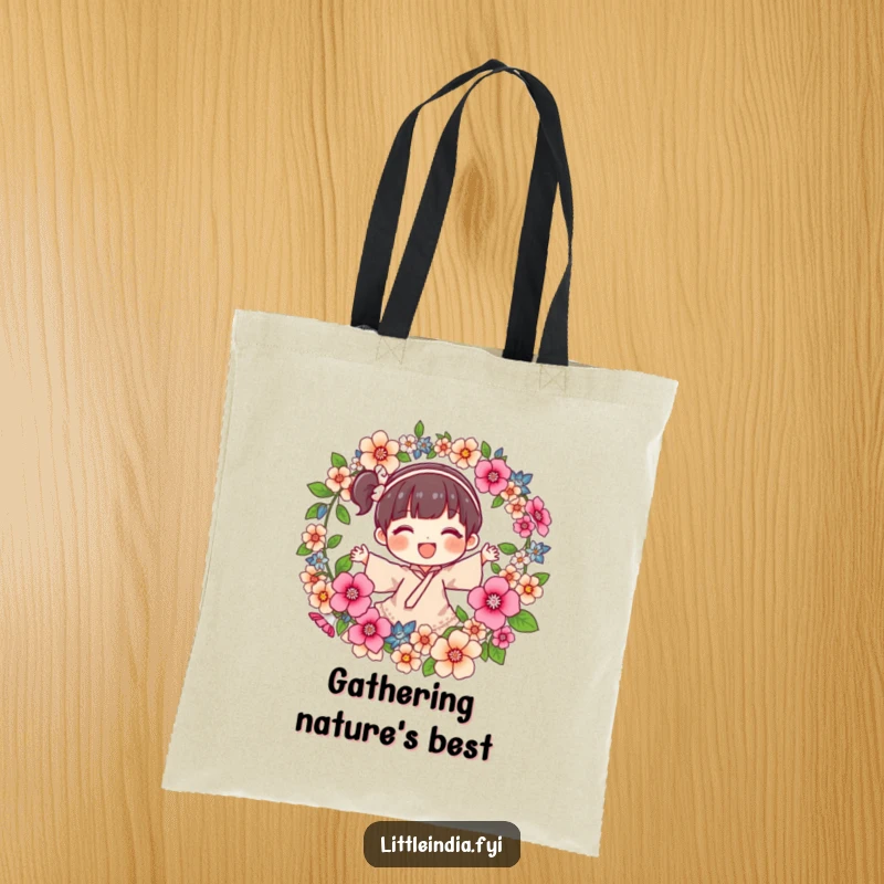Funny Tote Bag featuring a joyful character spinning a fragrant flower garland, perfect for carrying essentials with a beautiful, whimsical touch.