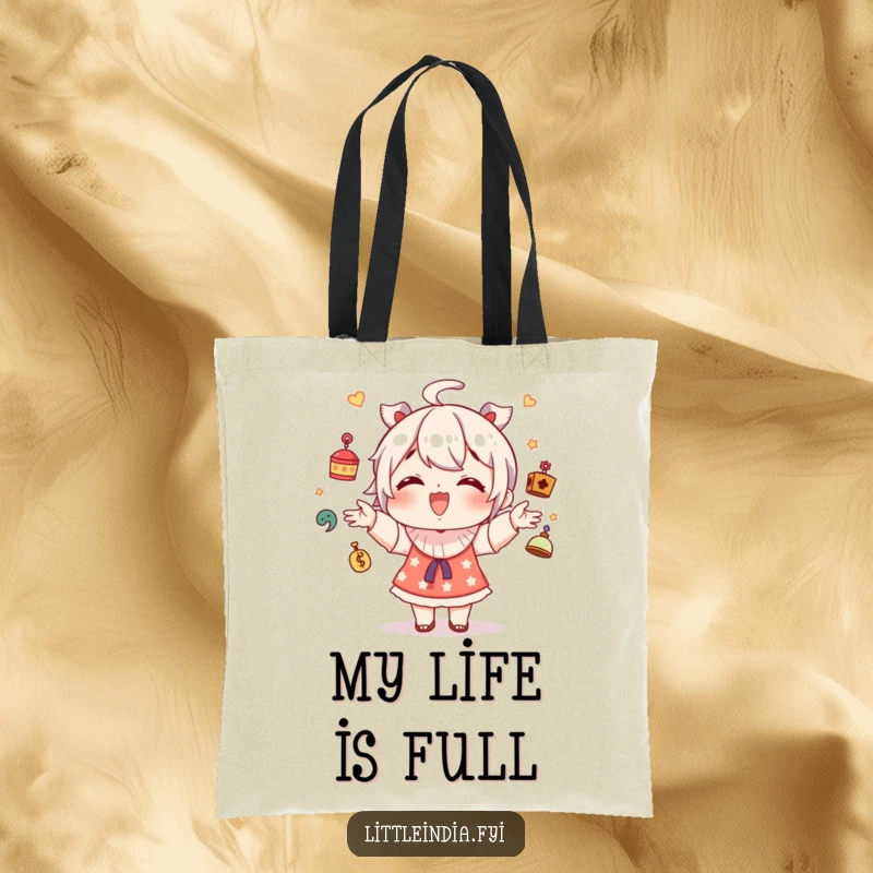 Funny tote bag with a giggling character juggling small decorative trinkets, practical for errands and gifts.