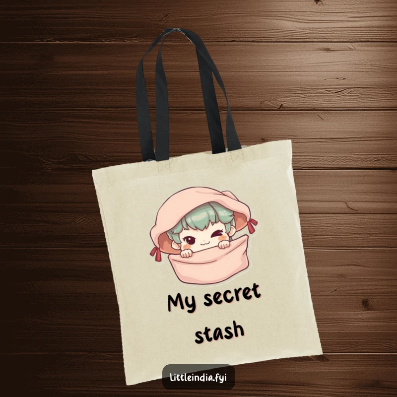 Funny Tote Bag with a mischievous character peeking from a colorful market stall, perfect for carrying playful humor.